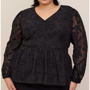 Torrid Peplum Chiffon Top Size 5 US 5X Black Dot Woven Floral V Neck